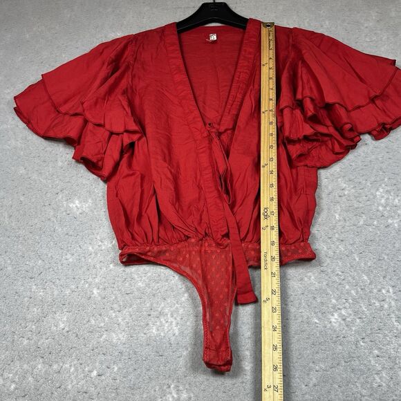 Intimately Free People Body Suit XS Red Dramatic Ruffle Thong V Neck Boho Top - Picture 6 of 10